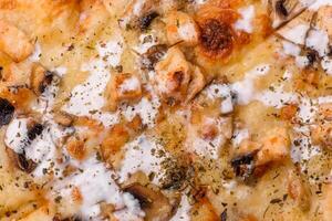 Creamy pizza with truffle cheese, mozzarella, chicken and mushrooms photo
