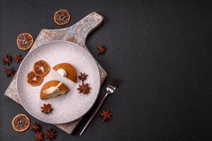 Delicious sweet shu cake with cream and nuts photo