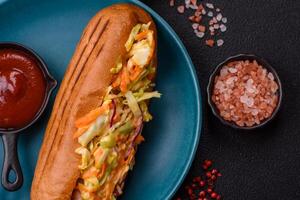 Hotdog with grilled sausage with cabbage, carrots and onions photo