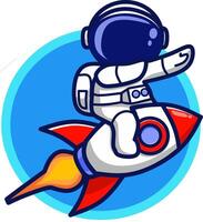 Cute and colorful illustration of an astronaut riding a rocket with a bright blue background. This image is suitable for children's birthday parties. vector