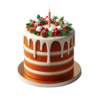Realistic Christmas tasty chocolate cake with candle cream Cranberries and leaves png