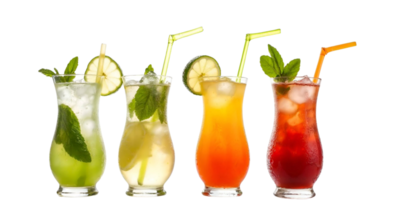 Four different types of drinks in glasses with straws png
