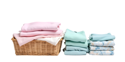 A basket with several folded towels in it png