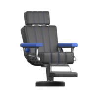 A barber chair with a blue seat and black armrests png