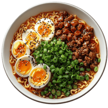 ramen tallarines con carne, huevos, y verde cebollas IA generativa png