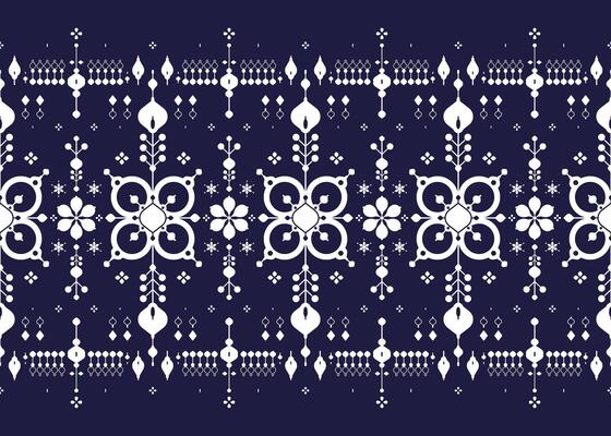 White geometric ethnic fabric seamless pattern on dark blue background, design for cloth, carpet, batik, wallpaper, wrapping etc.