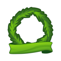 Christmas wreath icon or frame isolated. sticker or sign. New Year home decoration with green ribbon for your icon. Evergreen forest plant branches woven to circle for the door decor. png