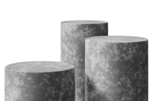 Group of three concrete podiums on transparent background. Front view. Mock up for product display. Cut out pedestal or platform. Empty scene. Stage, showcase for advertising, merchandise. 3D. png