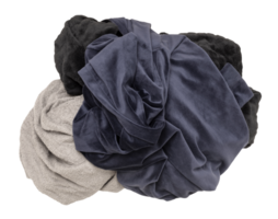 Pile of various crumpled clothes, soft fabrics in dark colors like navy, gray, and black, on transparent background. Top view. Ideal for themes of fashion, laundry, or textiles. Cut out clothing. png