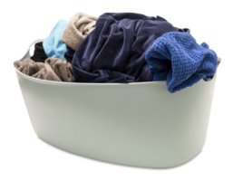Laundry basket filled with assorted clothes in various colors, on transparent background. Front view. Ideal for themes related to laundry, household chores, or textile care. Cut out clothing. png