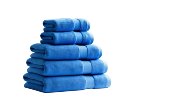 Bright blue cotton towels stacked neatly, highlighting soft and absorbent texture. Ideal for home, bathroom, or spa use, providing comfort and practicality. Isolated on transparent background png