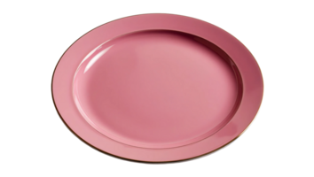 Round pink ceramic dinner plate with a glossy surface, perfect for serving meals or for decorative use in modern table settings. Isolated on transparent background png