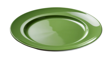 Round green ceramic dinner plate with a glossy surface, perfect for serving meals or for decorative use in modern table settings. Isolated on transparent background png