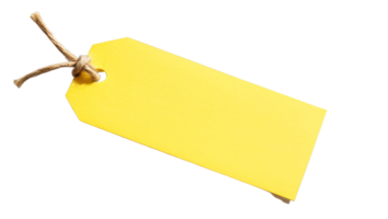 A blank yellow tag with a string, perfect for labeling items or gifts in various creative projects. Isolated on transparent background png