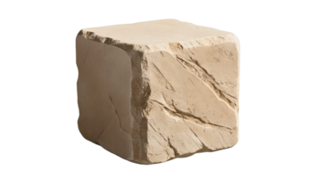 Square beige stone block with a rough, textured surface, ideal for construction, landscaping, or decorative design projects. Isolated on transparent background png