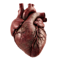 Realistic 3D model of a human heart with detailed anatomy, showing veins, arteries, and textured surface, ideal for medical visuals. png