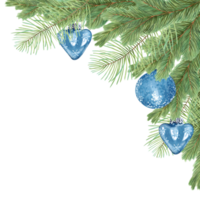 Square frame made of pine and fir branches with a blue toy. Watercolor illustration. Christmas background with evergreens. Hand drawn isolated art. Natural pattern for the New Year with cedar png