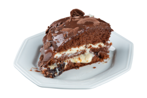 Piece of homemade cake with chocolate frosting and transparent bottom png