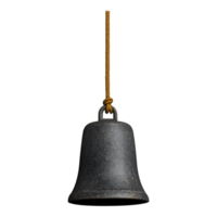Antique Dark Bell Hanging from Rope with Rustic Finish Highlighting Textured Surface and Simple Design Perfect for Decorative or Artistic Purposes in Various Settings png