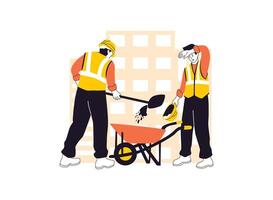 construction workers loading cement onto a three-wheeled cart vector