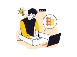 A focused architect sketches a blueprint, bringing ideas to life. vector