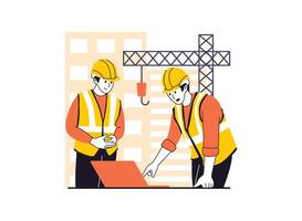 Two construction workers reviewing design on-site vector