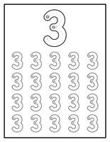 Number Tracing Practice Worksheets For Kids Number Three 3 vector