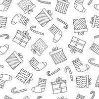 Illustration in a hand-drawn style. New Year's seamless pattern of New Year's socks, gifts. Can be used to create postcards, covers, patterns, backgrounds. vector