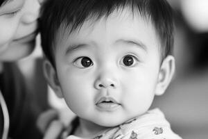 Close up of asian baby with curious expression during medical check up photo