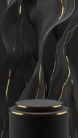 Black gold podium and silk wave luxury, vertical motion background seamless loop, 3d rendering video
