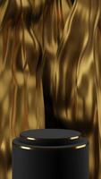 Black gold podium and silk wave luxury, vertical motion background seamless loop, 3d rendering video