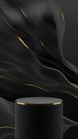 Black gold podium and silk wave luxury, vertical motion background seamless loop, 3d rendering video
