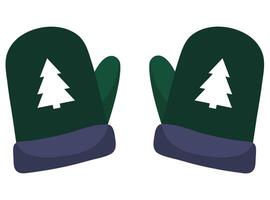 Flat illustration of winter mittens with christmas tree sign isolated on white background. vector