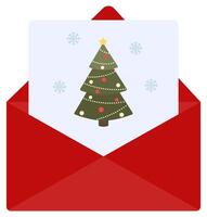 Flat icon of christmas greeting card in red open envelope isolated on white background. vector