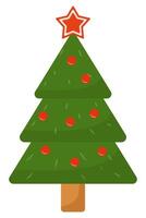 Flat icon of Xmas tree decorated with festive baubles and star isolated on white background. vector