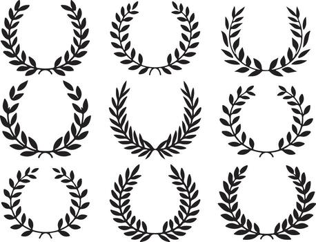 Laurel wreaths in various styles and shapes, arranged in a grid pattern against a white background vector