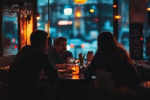 Friends gathering around table, enjoying evening in cozy pub photo
