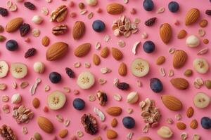Sliced kiwi, grapes, walnuts, almonds and rolled oats creating a vibrant pink background photo