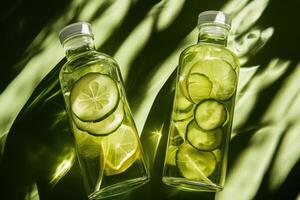 Infused water with cucumber and lemon in glass bottles on green background photo