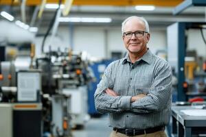 Senior factory manager smiling with arms crossed in high tech manufacturing plant photo