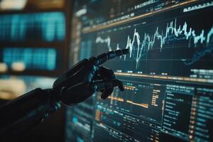 Robotic arm pointing at stock market data on computer screen photo