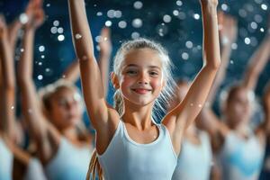 Young ballerina smiling and raising arms with other ballet dancers photo