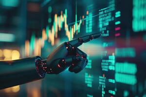 Robotic arm pointing at stock market data on digital screen photo