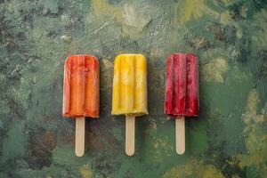 Colorful ice cream popsicles resting on green textured background photo