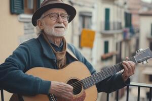 Senior musician playing acoustic guitar on balcony in european town photo