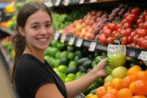 Smiling grocer arranging fresh produce on supermarket shelf photo