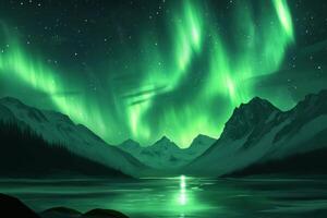 Bright green aurora borealis illuminating snowy mountains and lake in norway photo