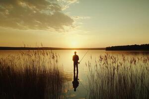 Fisherman enjoying peaceful sunset while fishing in lake photo
