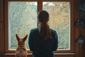 Woman and dog looking out window at autumn scenery photo