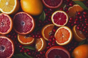 Sliced citrus fruits and pomegranate seeds creating vibrant and refreshing pattern photo